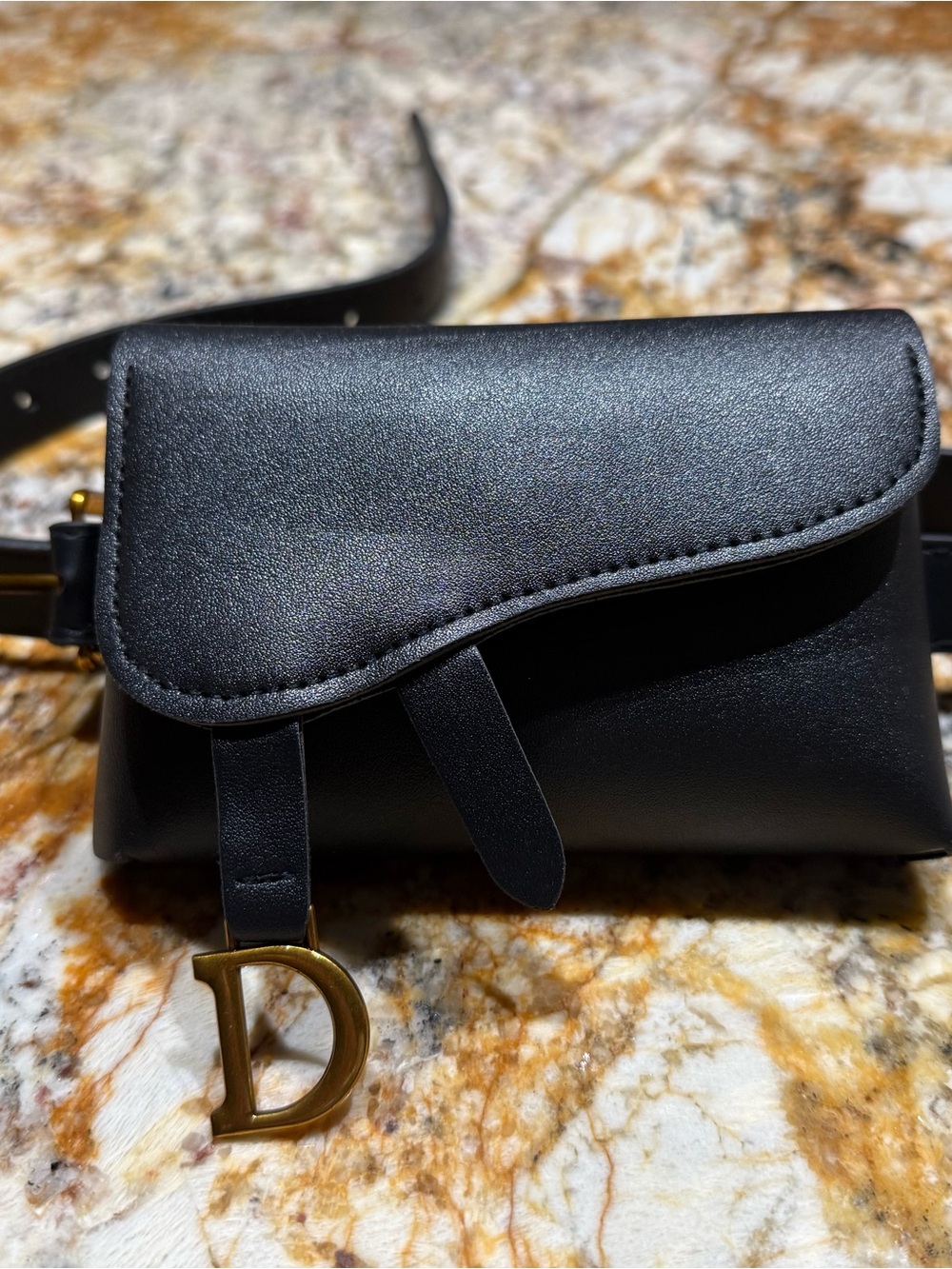 🖤 Chic Black Faux Leather Belt Bag / Waist Bag with Gold D Charm